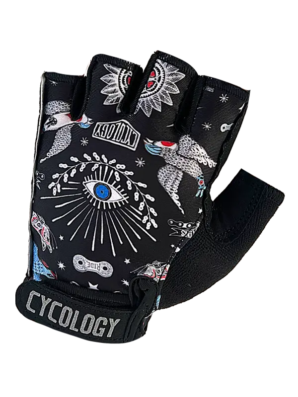 Glove with black and white design featuring symbols and the brand 'Cycology' on a white background