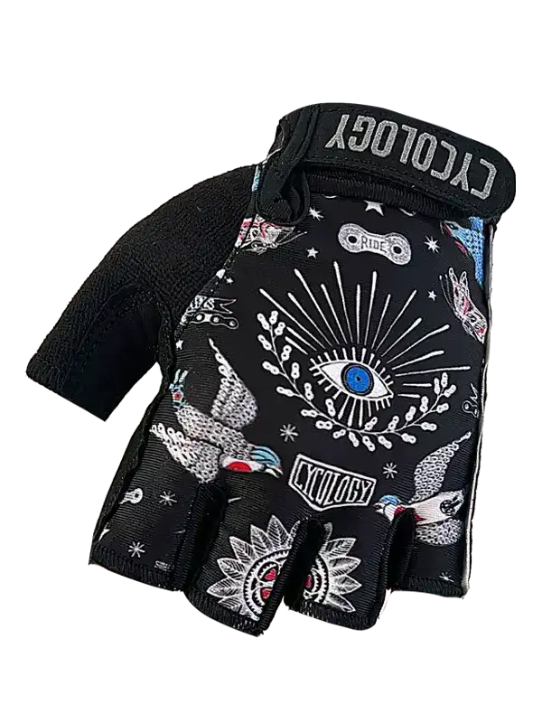 Black fingerless cycling gloves with eye and bird print, ideal for men's and women's bike rides