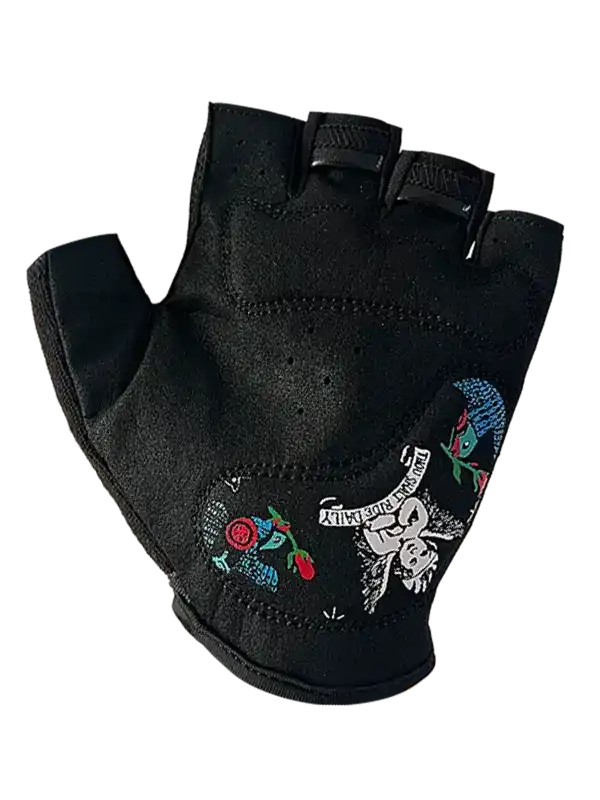 Black fingerless cycling glove with floral and skull embroidery, breathable fabric design