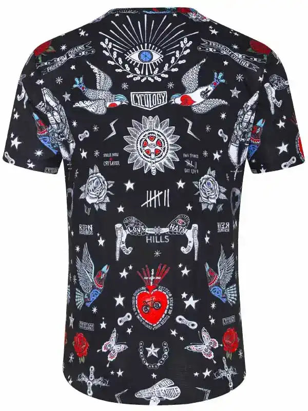 Men's black cycling jersey with tattoo-style graphics, roses, stars, and cycling motifs for road or MTB rides
