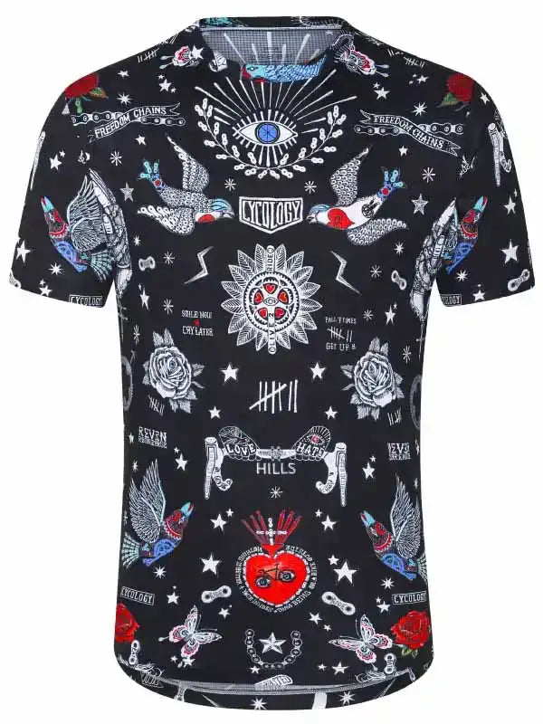 Men's cycling jersey with bold tattoo-style graphics, stars, roses, and eye motifs on black fabric