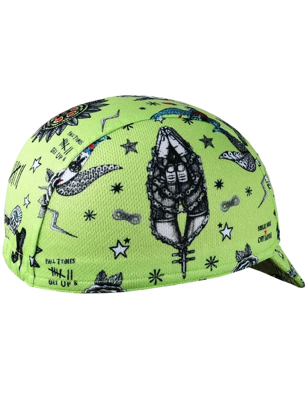 Lime green cycling cap with edgy tattoo-style graphics, stars, and motivational phrases for riders.