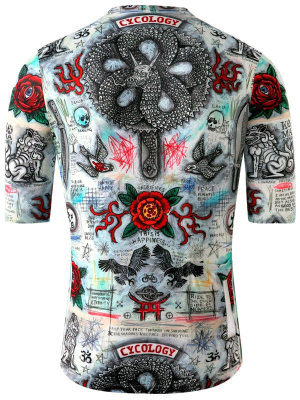Tattoo-themed cycling jersey with intricate designs and 'Cycology' branding.