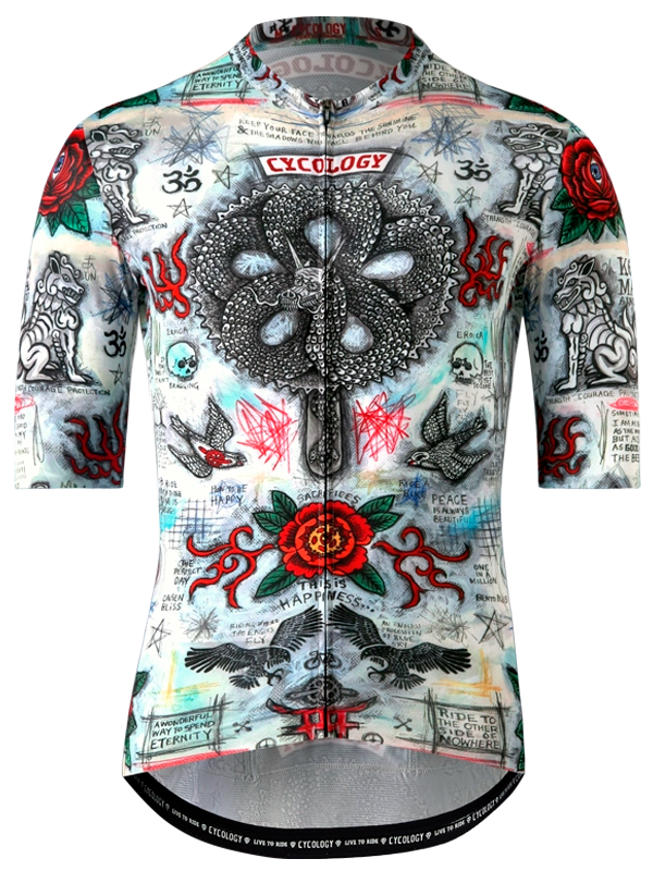 Cycling jersey with intricate designs and symbols on a white background