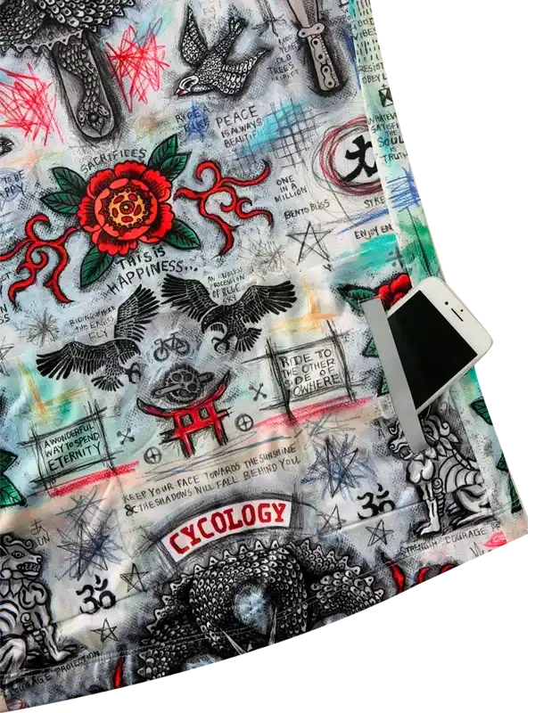 Cycling jersey with bold tattoo-style graphics, red rose, and inspirational quotes for riders.
