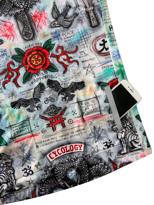 Patterned fabric with various designs and text, featuring the brand 'Cycology'.