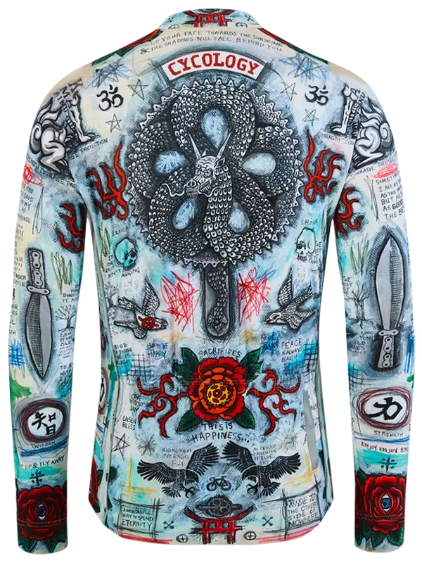 Colorful long sleeve cycling jersey with intricate designs and brand logos on a white background