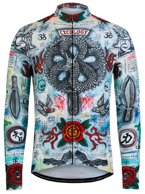 Colorful long sleeve cycling jersey with intricate designs and brand logos on a white background