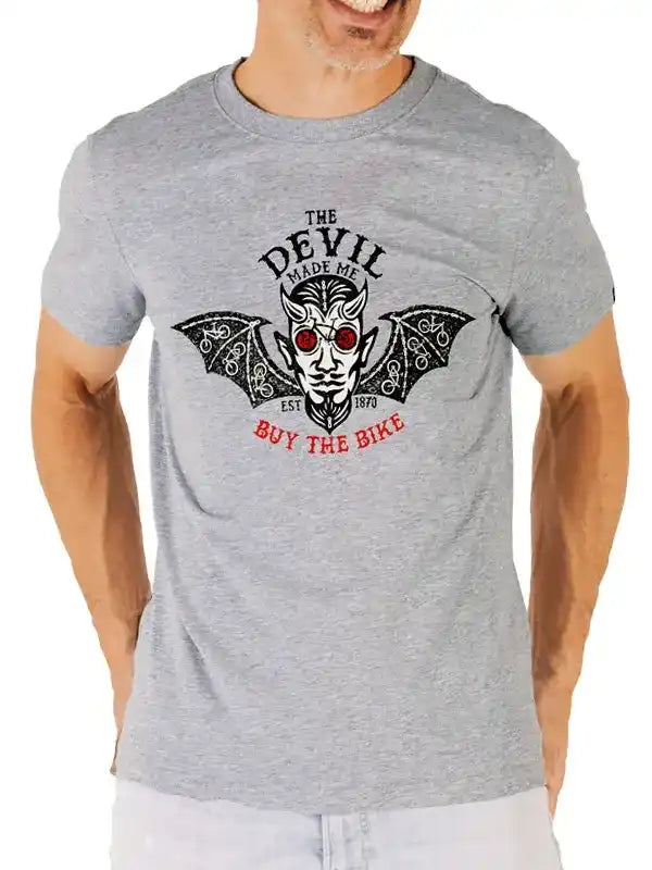Men's gray graphic tee with devil design and 'Buy the Bike' text, cycling apparel