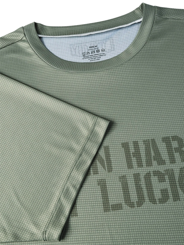 Men's green athletic t-shirt with 'TRAIN HARD GET LUCKY' text on front