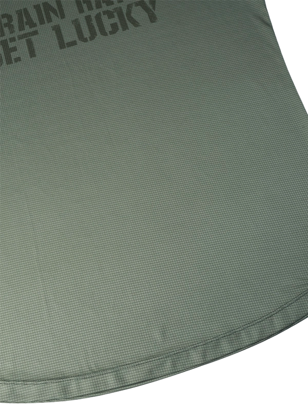 Men's green athletic t-shirt with 'TRAIN HARD GET LUCKY' text on front