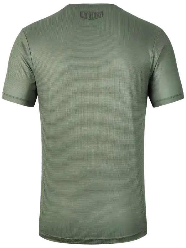 Olive green men's cycling jersey with textured fabric and small back logo, ideal for performance rides.