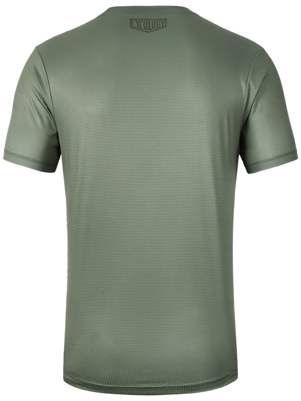 Green t-shirt with a brand logo on the back