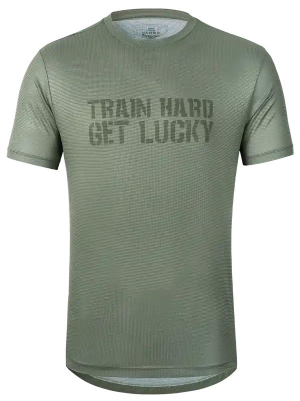 Olive green men's cycling jersey with 'Train Hard Get Lucky' print, breathable fabric design