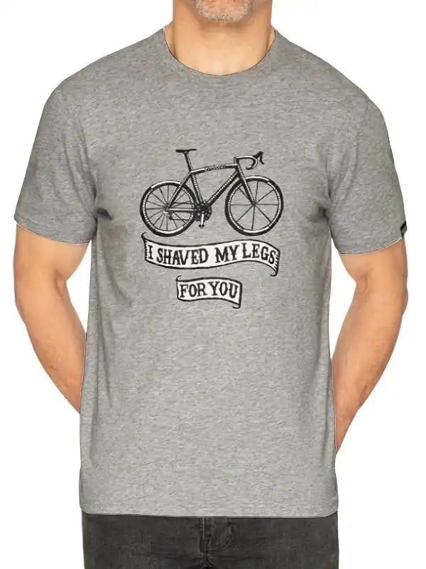 Gray cycling t-shirt with bike graphic and 'I shaved my legs for you' text, men's bike apparel