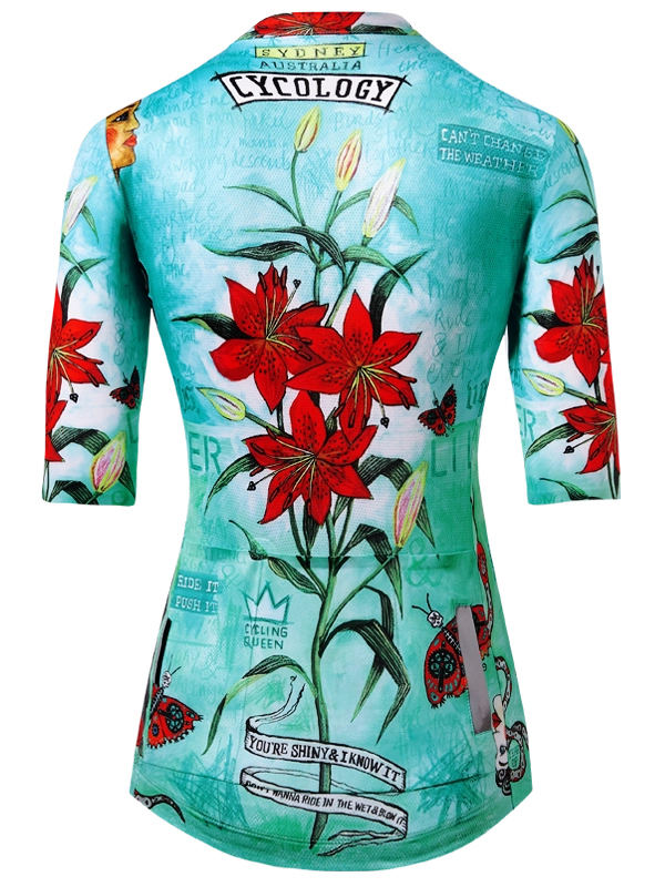 Cycling jersey with floral design and 'Cycology' branding