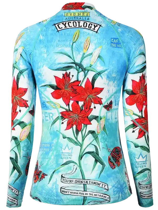 Women's long sleeve cycling jersey with red lily print, 'Cycling Queen' text, and blue watercolor background