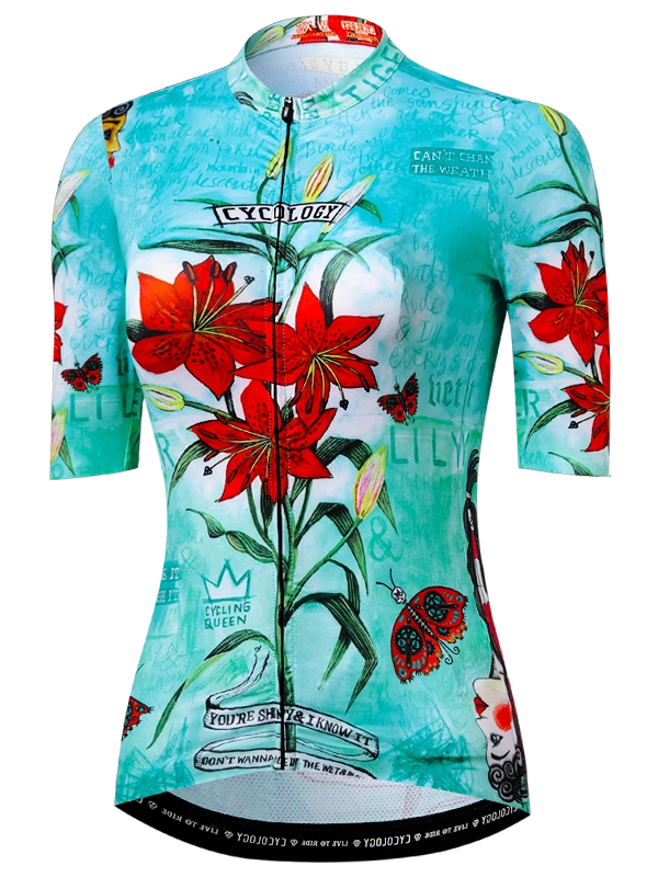 Cycling jersey with floral design and 'Cycology' branding