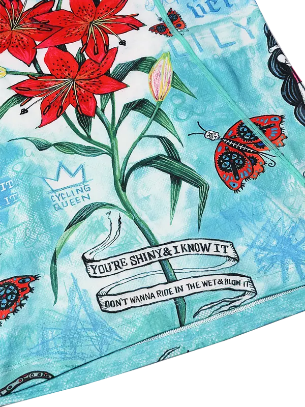 Product with floral design, text, and butterfly illustration on a blue background