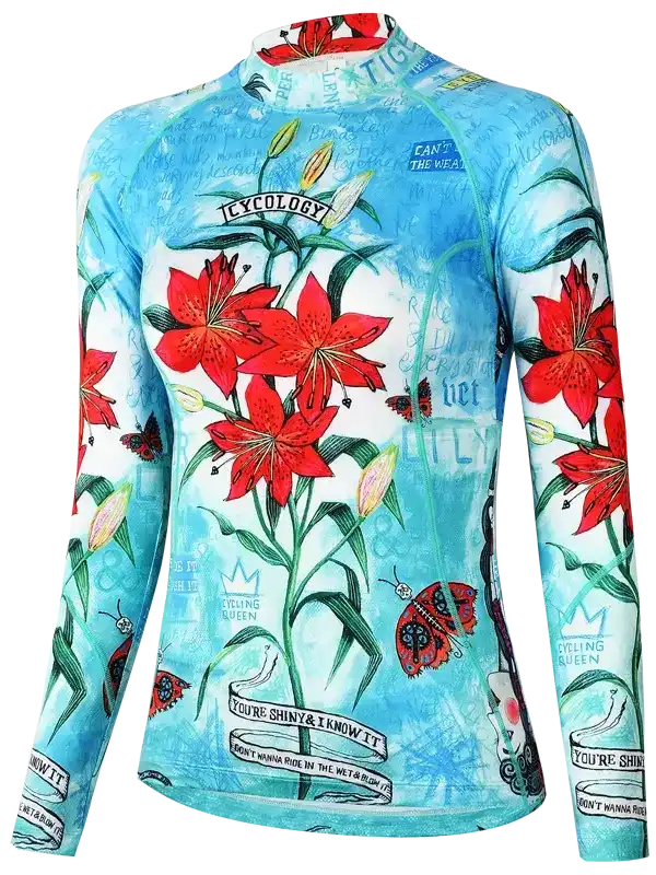 Women's cycling jersey with red lily print, long sleeves, and motivational quotes on blue background