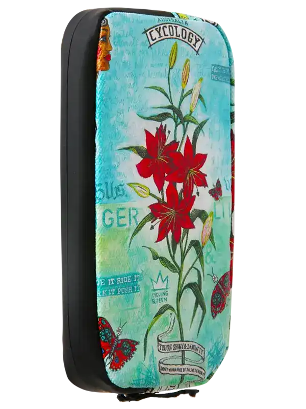 Tiger Lily pattern cycling wallet by Cycology featuring red lilies and butterflies.