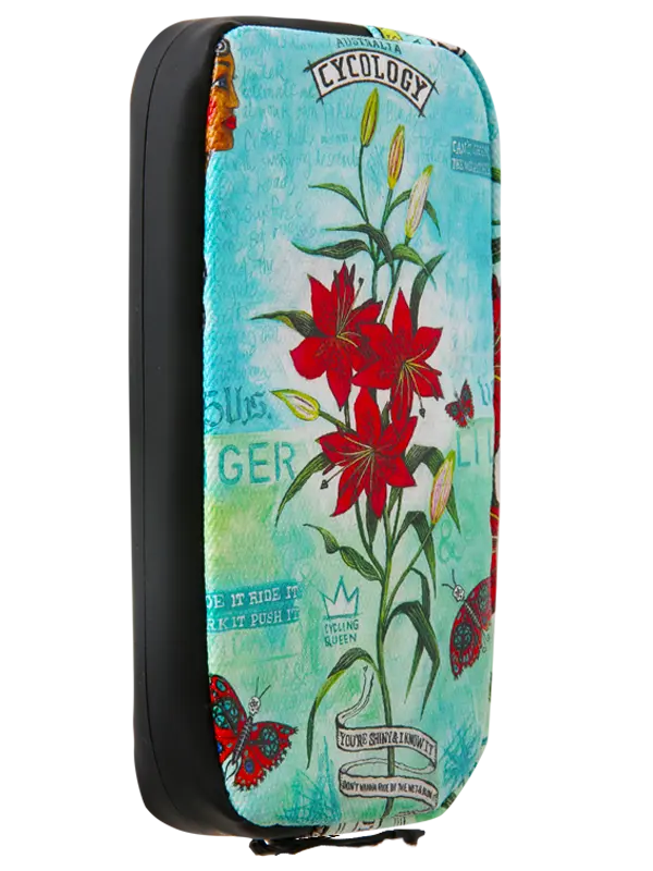 A zippered cycling wallet featuring a vintage-style botanical print with red lilies, green stems, butterflies, and a light blue background with distressed text elements.