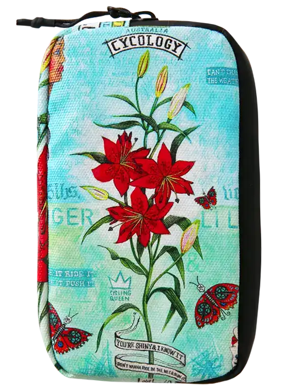 Tiger Lily cycling wallet by Cycology Clothing featuring red lily flowers on a teal background.