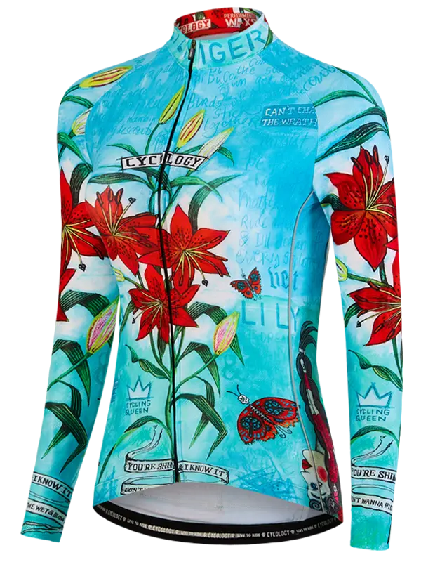Cycling jersey with long sleeves and a floral design on a aqua background
