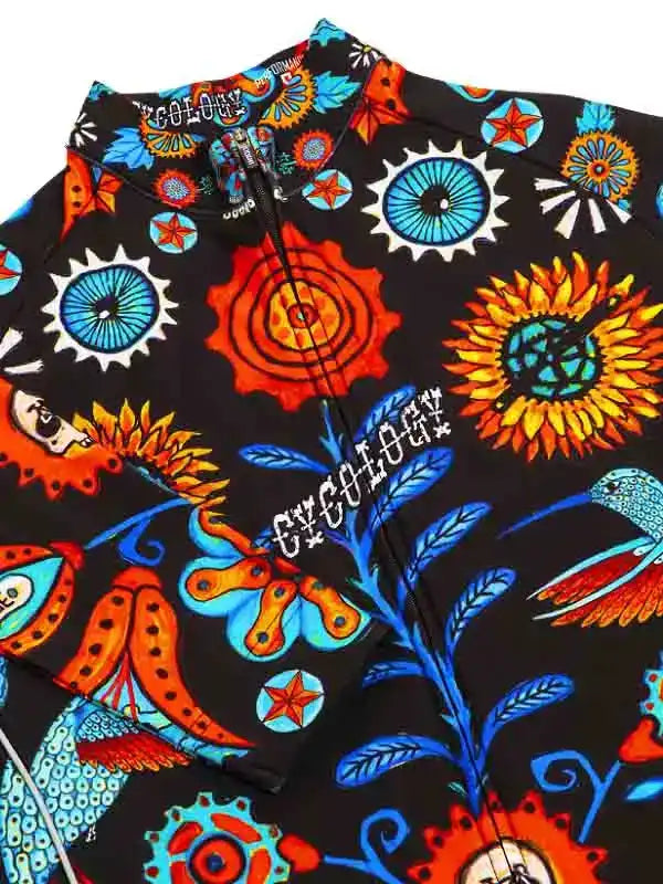 Vibrant floral and gear pattern cycling jersey with bold orange, blue, and black design for men and women.
