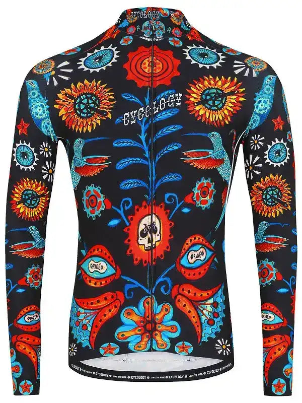 Vibrant floral and bird pattern long sleeve cycling jersey with bold colors and skull design