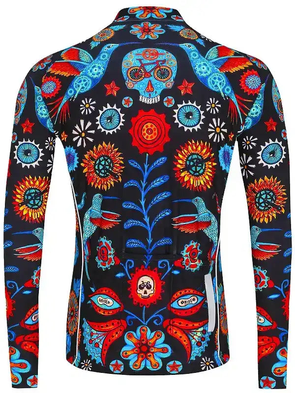 Men's long sleeve cycling jersey with vibrant floral and skull pattern, ideal for road biking