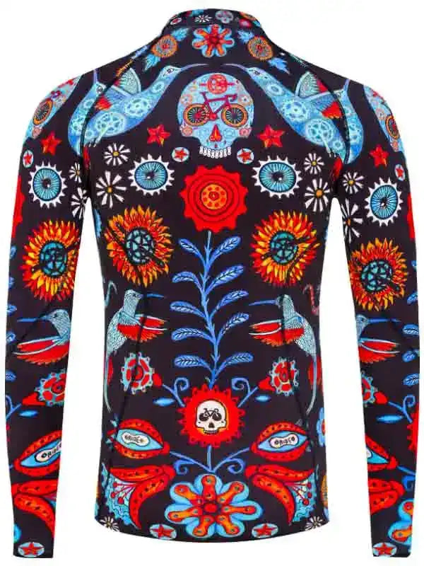 Men's long sleeve cycling jersey with vibrant floral and skull print, ideal for road biking adventures.
