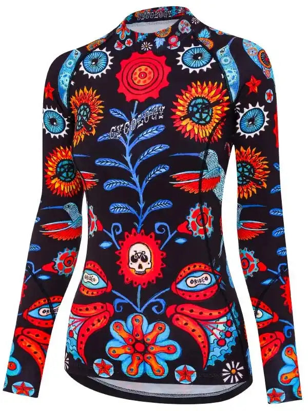 Vibrant floral and skull print long sleeve cycling jersey with bold red, blue, and orange patterns