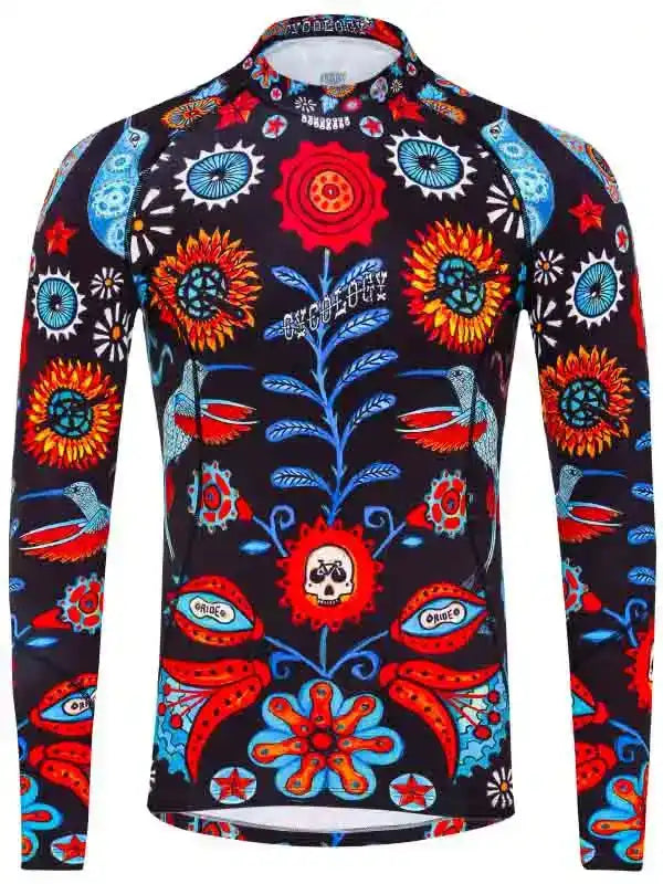 Men's long sleeve cycling jersey with vibrant floral and hummingbird print on black background