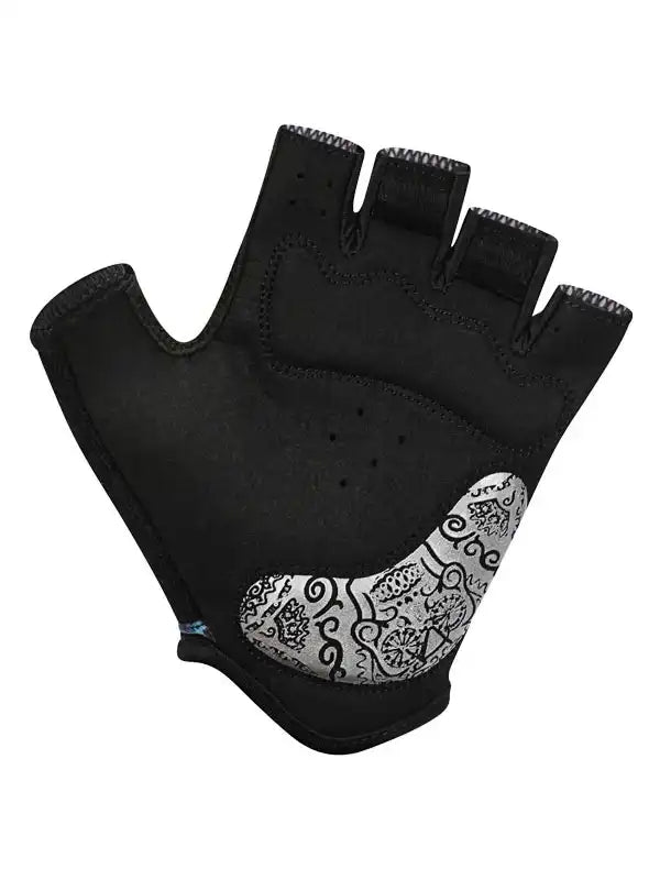 Black fingerless cycling glove with white patterned palm, breathable design for men and women