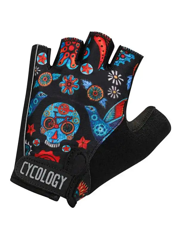 Cycology fingerless cycling glove with colorful skull, bird, and floral print on black fabric