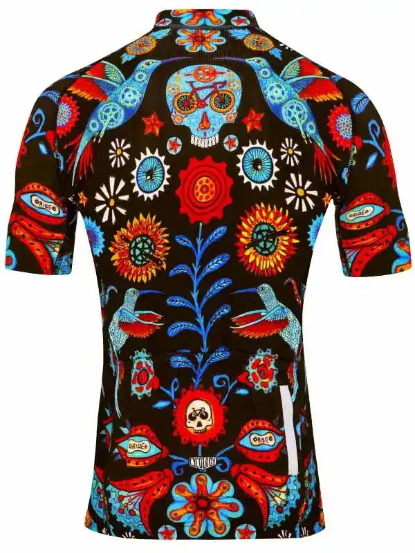 Men's cycling jersey with vibrant skull, floral, and bird print on black background