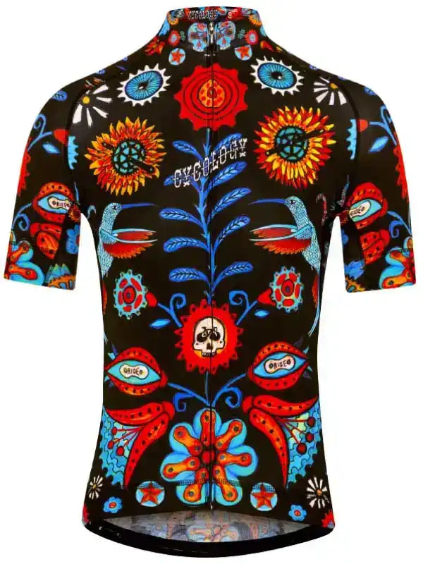 Vibrant floral and hummingbird print cycling jersey with skull design, ideal for men's and women's bike rides.
