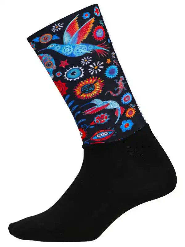 Colorful cycling socks with bird and floral patterns on black background, ideal for men's and women's bike rides.