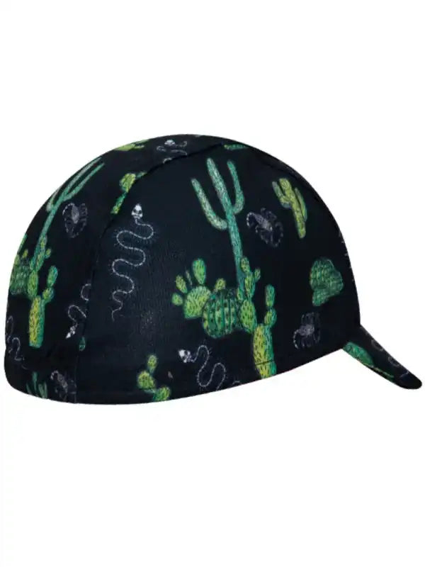 Black cycling cap with green cactus and snake print design for men and women