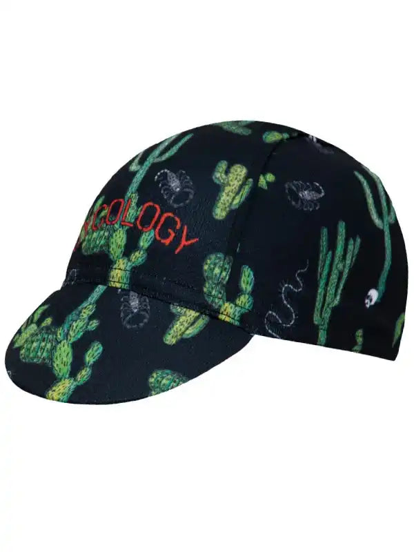Black cycling cap with green cactus print and red 'Cycology' text, ideal for bike rides and outdoor adventures.
