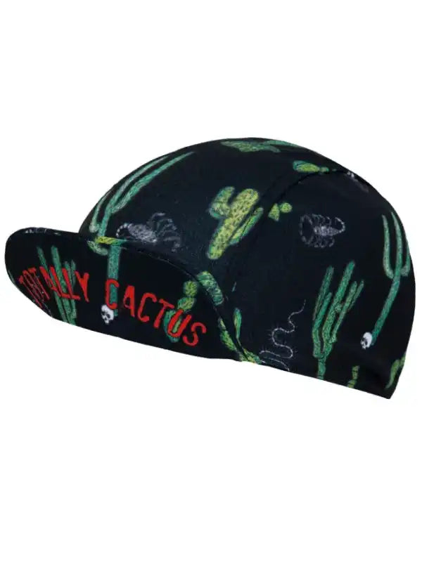 Black cycling cap with green cactus print and 'Totally Cactus' text, ideal for men's and women's bike rides.