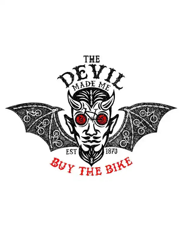 Devil graphic with wings, red eyes, and 'Buy the Bike' text on cycling apparel design