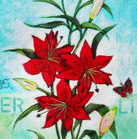 Red lily flowers with green leaves and a small butterfly on a turquoise patterned background.