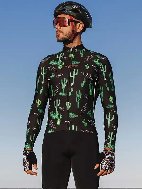 Men's cycling jersey with cactus print, long sleeves, helmet, and gloves for road biking
