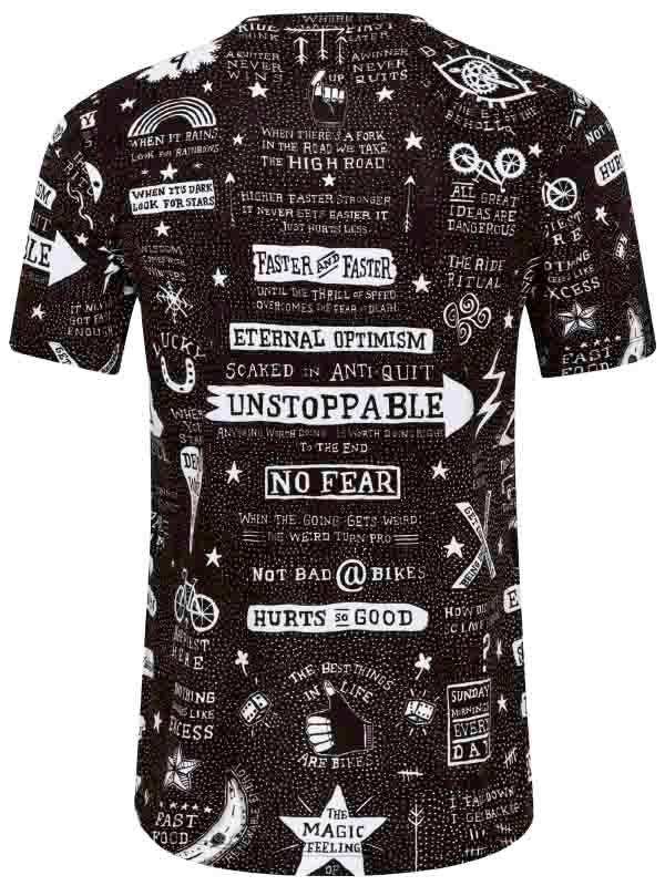 Black cycling jersey with bold white motivational quotes and bike graphics, ideal for men and women riders.