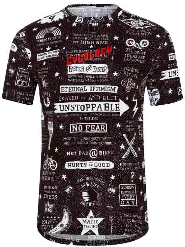 Black cycling jersey with bold white and red motivational quotes and graphics, designed for men and women riders.