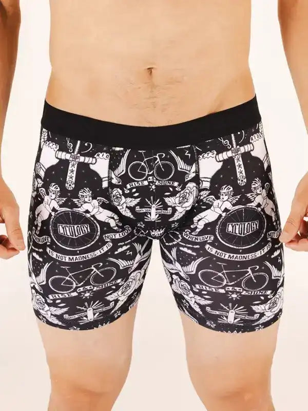 Men's cycling-themed boxer briefs with bold black-and-white graphic print featuring bikes and slogans