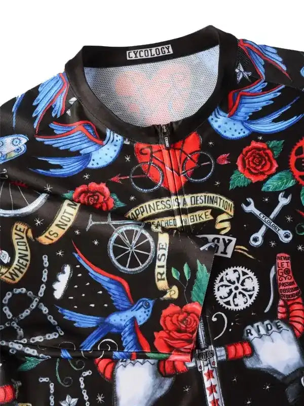 Men's cycling jersey with tattoo-style birds, roses, and bike graphics on black fabric