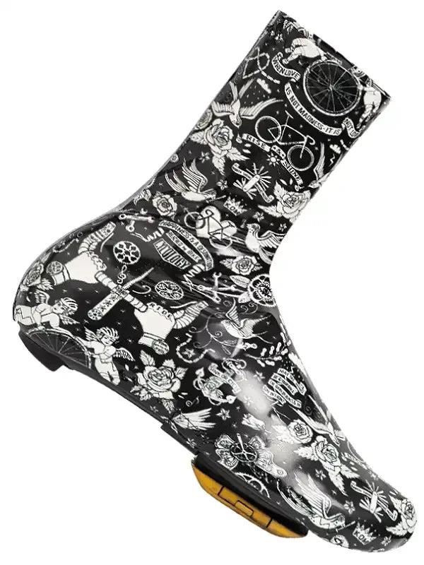Black and white tattoo-style cycling shoe cover with bike and rose designs